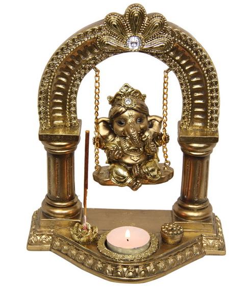 23CM GOLD GANESH ON SWING WITH TEALIGHT AND INCENSE HOLDER