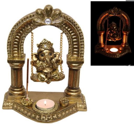 23CM GOLD GANESH ON SWING WITH TEALIGHT AND INCENSE HOLDER